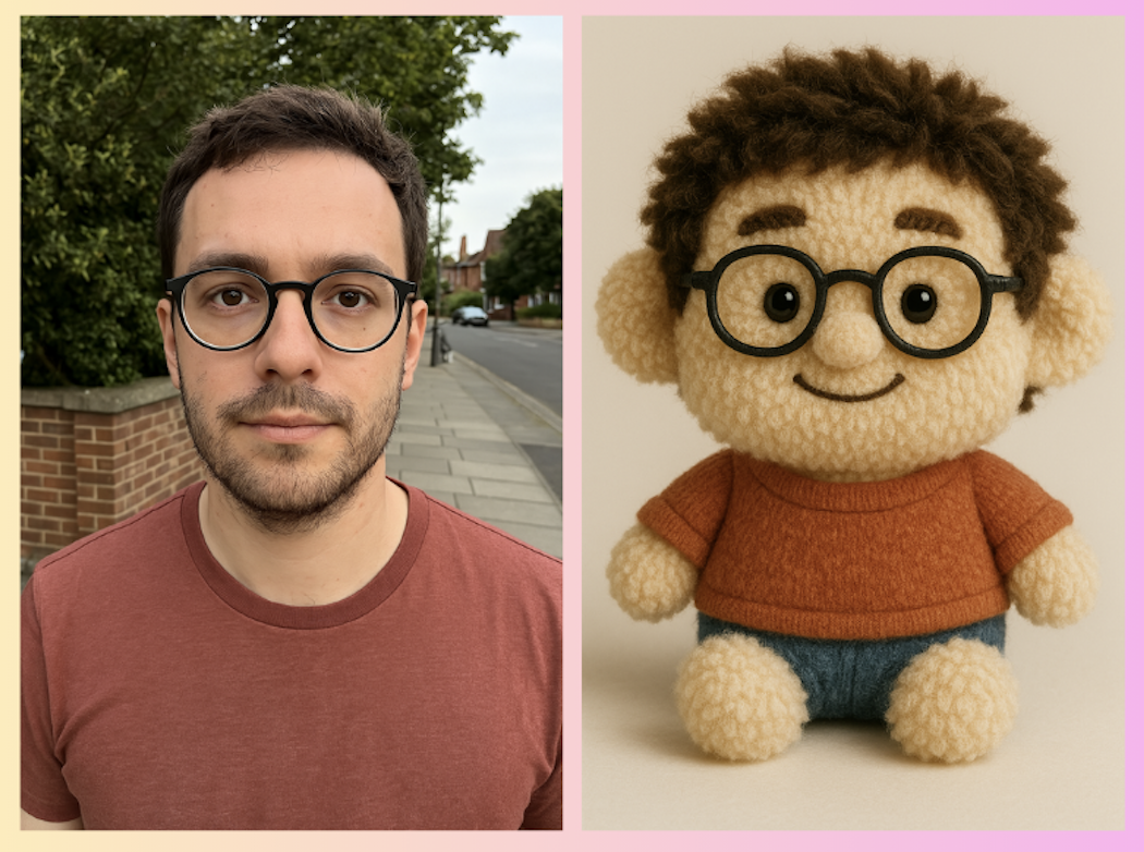 Before and after photo transformation showing a person transformed into plushy art - Plushy.app example